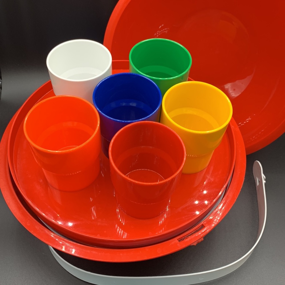 Vintage 1970s Ingrid Round Red Plastic Multi Color Picnic Set Plates Bowls Cups